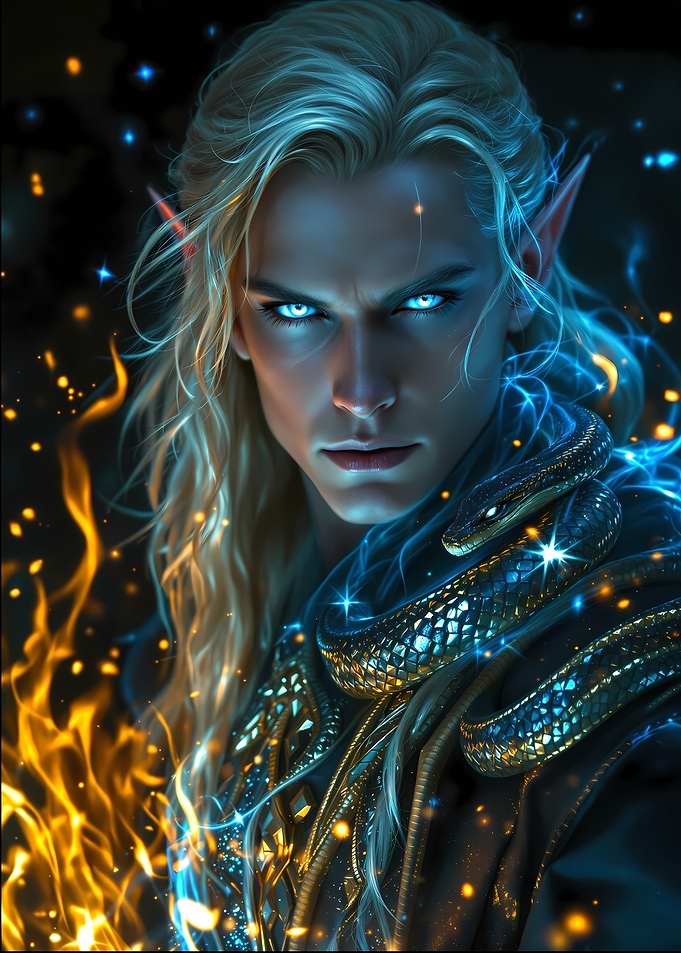Elf sorcerer with Snake and Fire