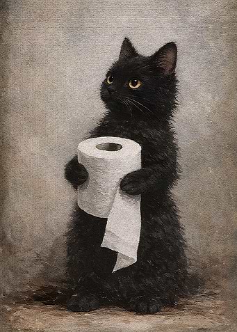 Black Cat Holding Toilet Paper