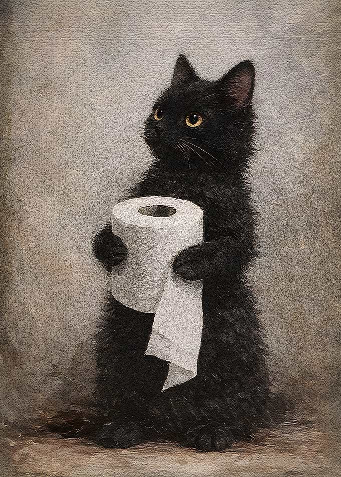 Black Cat Holding Toilet Paper