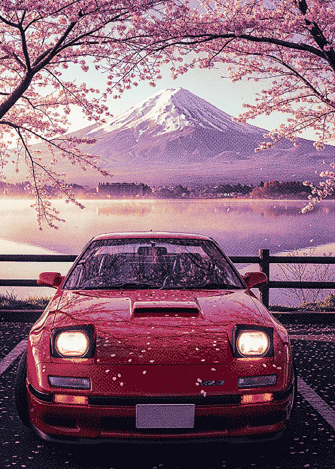 Sports car with Mount Fuji and Cherry Blossoms