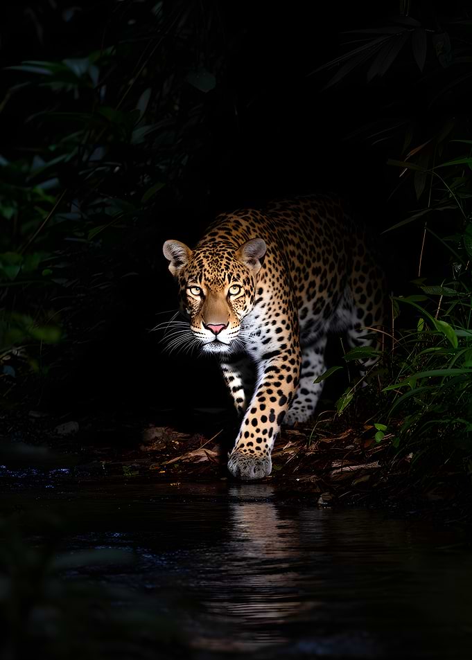 Leopard walking by water at night