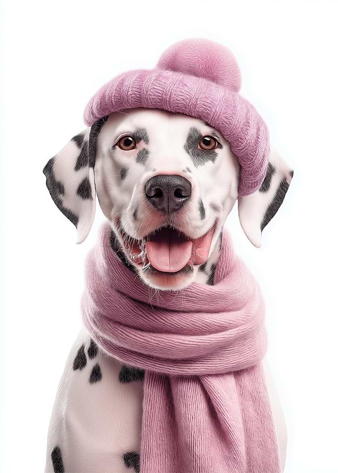 Dalmatian Dog Wearing Pink Winter Hat and Scarf