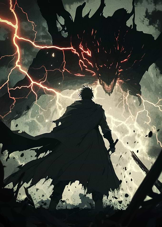 Warrior facing a monstrous dragon