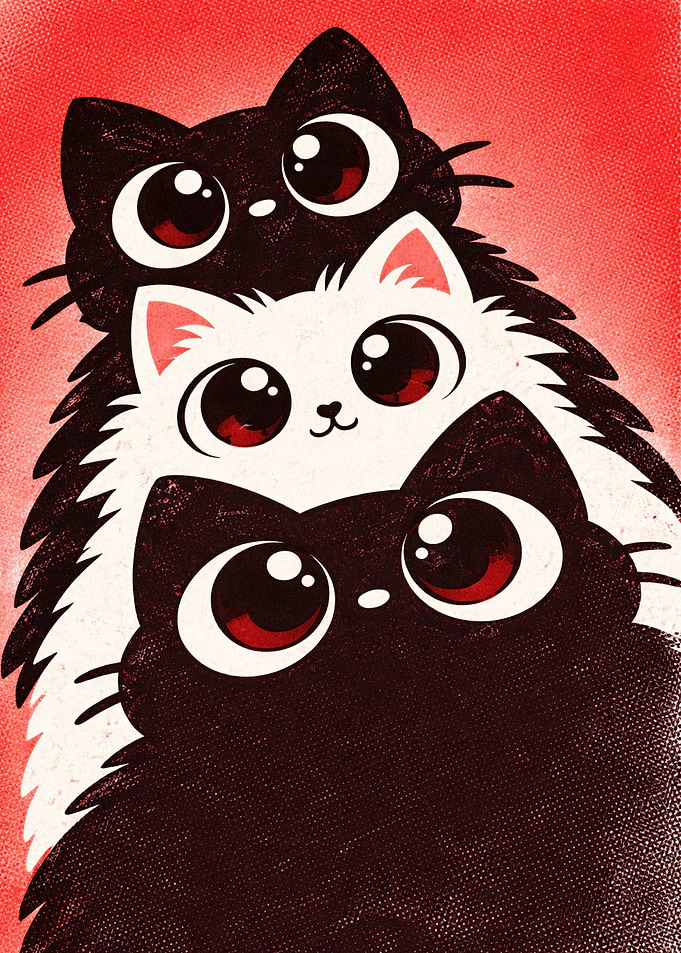 Three Cute Cartoon Cats Stacked