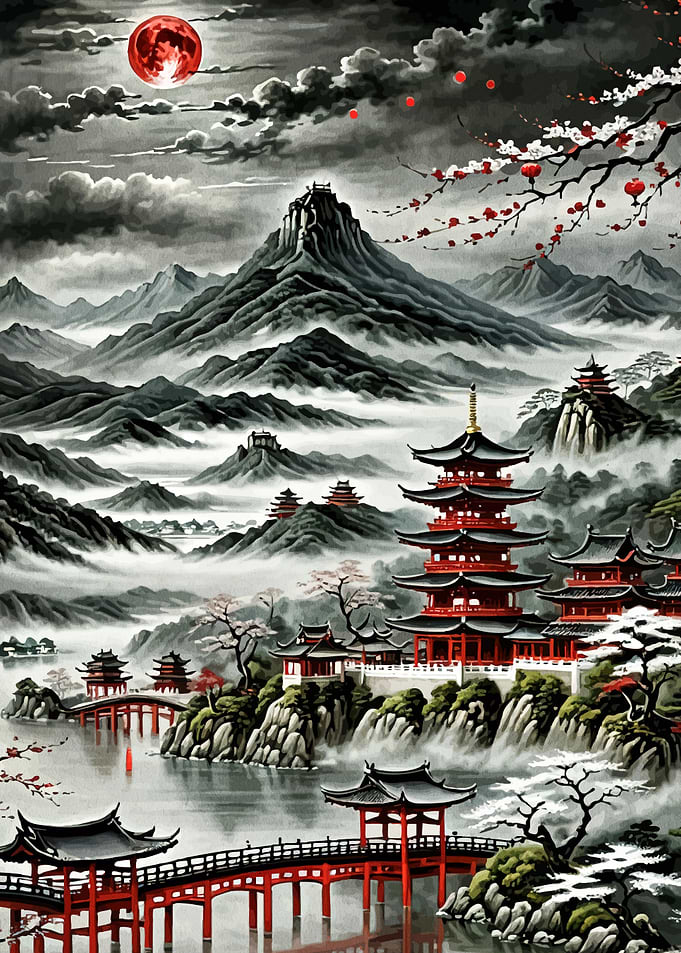 Mystical Asian Landscape with Pagodas
