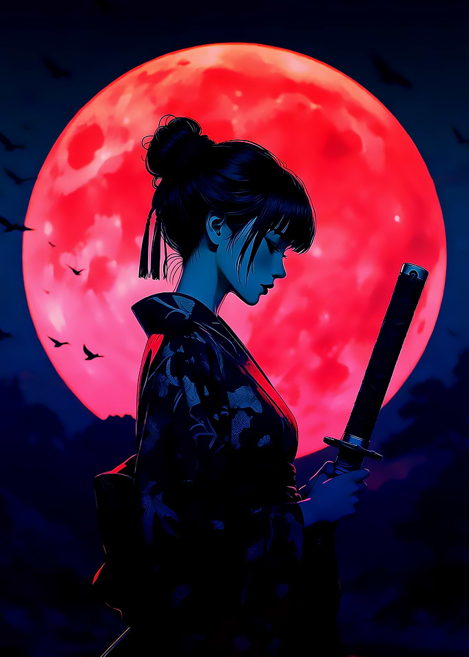 Samurai Anime Girl Under Blood Moon