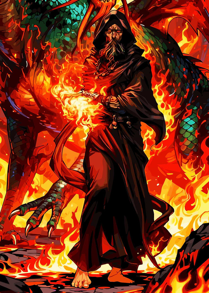 Wizard Conjuring Fire Beside Dragon