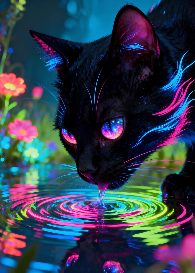 Neon Black Cat Drinking Water