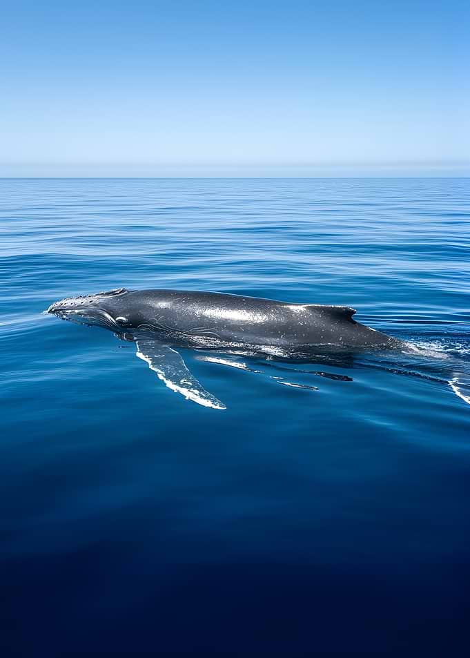 Humpback whale swimming in blue ocean
