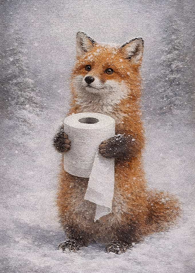 Fox Holding Toilet Paper in Snow