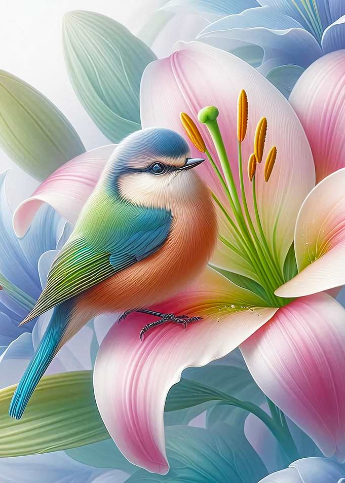 Colorful Bird on a Lily Flower