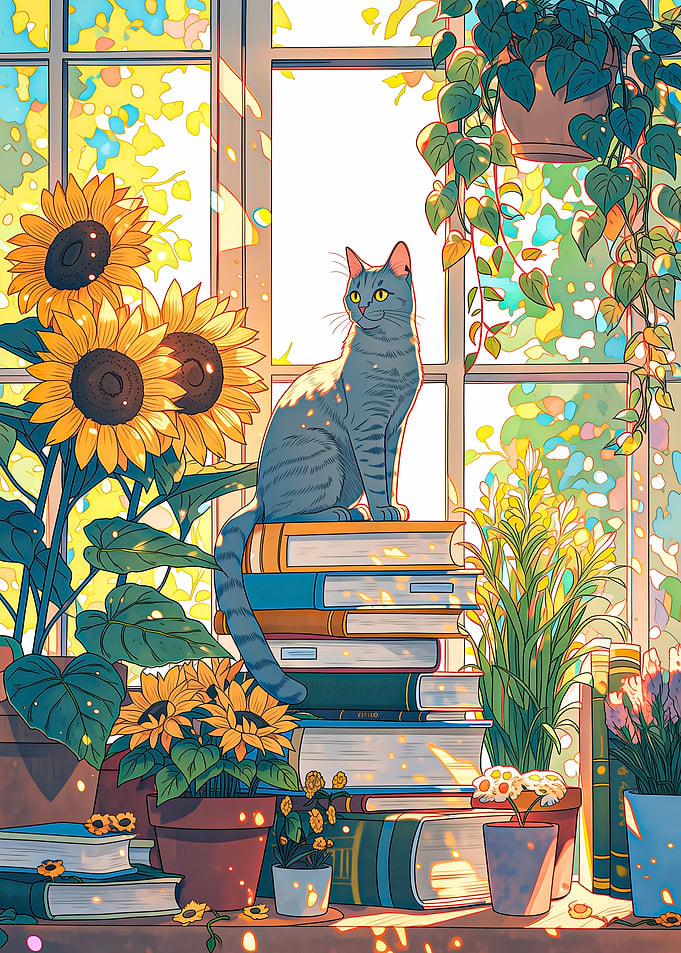 Cat on Books by Sunny Window
