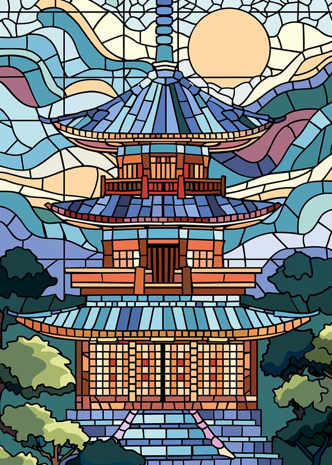 Stained Glass Pagoda Landscape