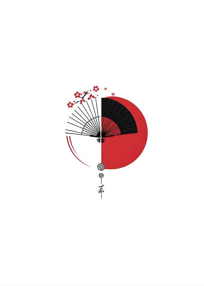 Japanese Fan with Cherry Blossoms and Sun Symbol