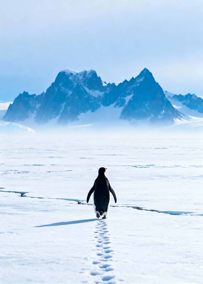 Penguin walking on ice with mountains But why
