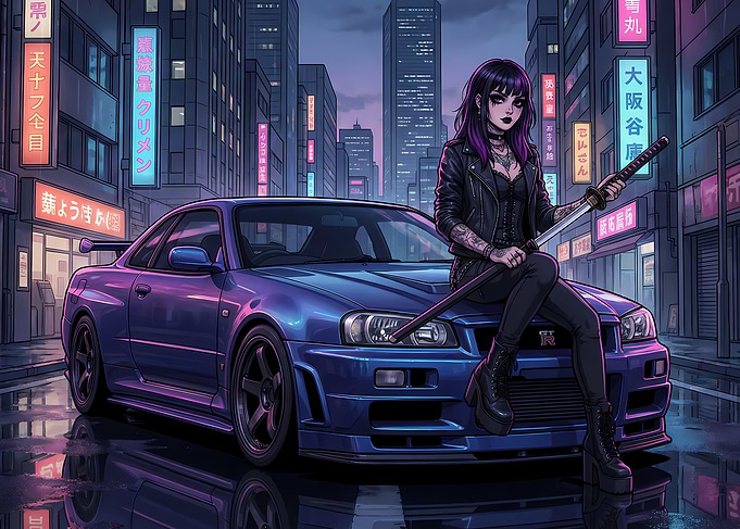 Blue R34 GTR with anime girl sitting on the hood