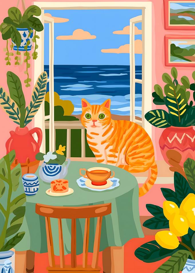 Cat by the Ocean Window