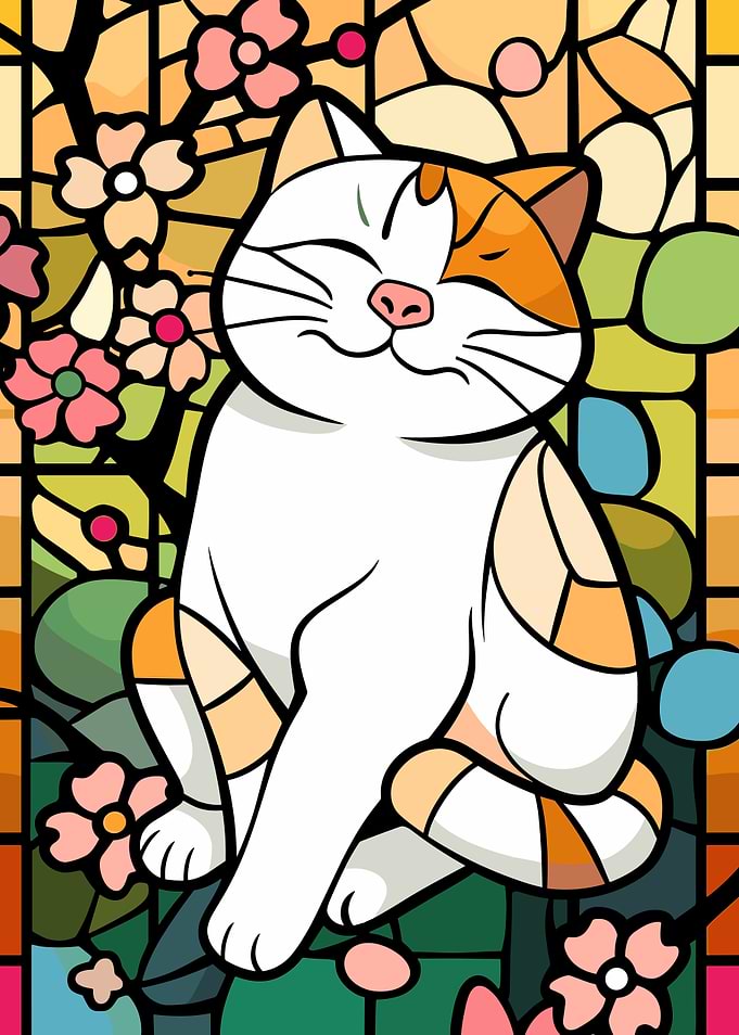Stained Glass Cat with Flowers