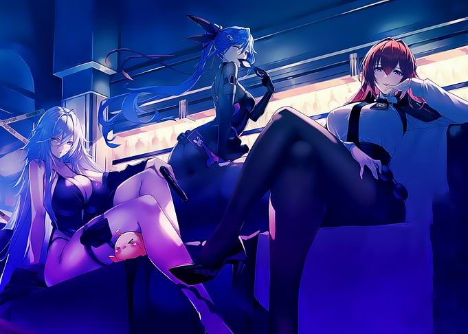 Three anime women in dark outfits
