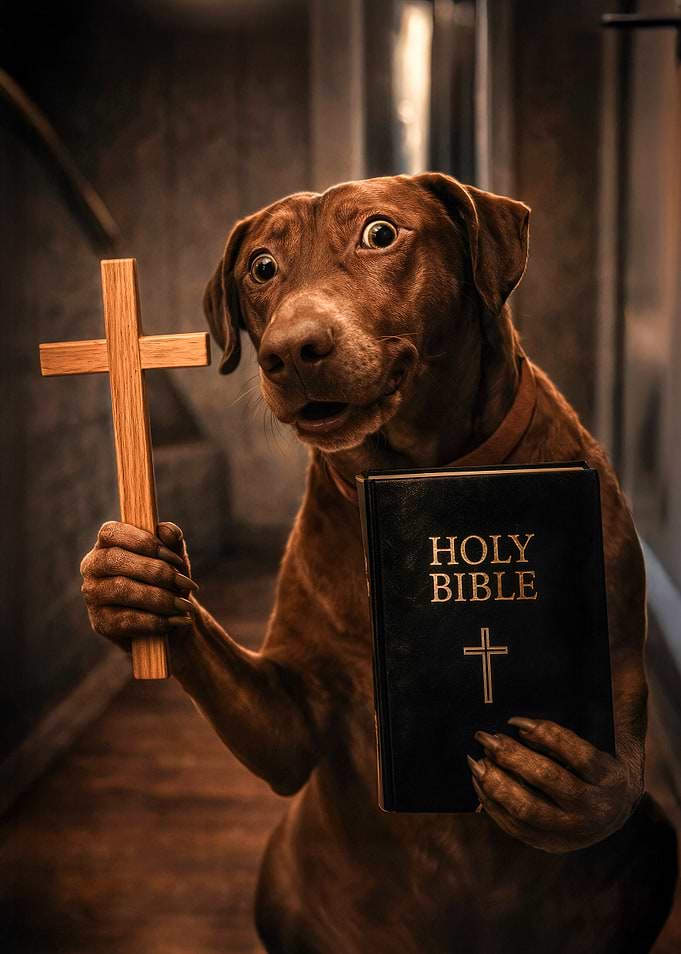 Dog holding Bible and cross