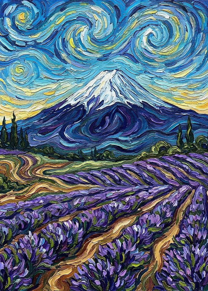 Van Gogh Style Mountain and Lavender Field