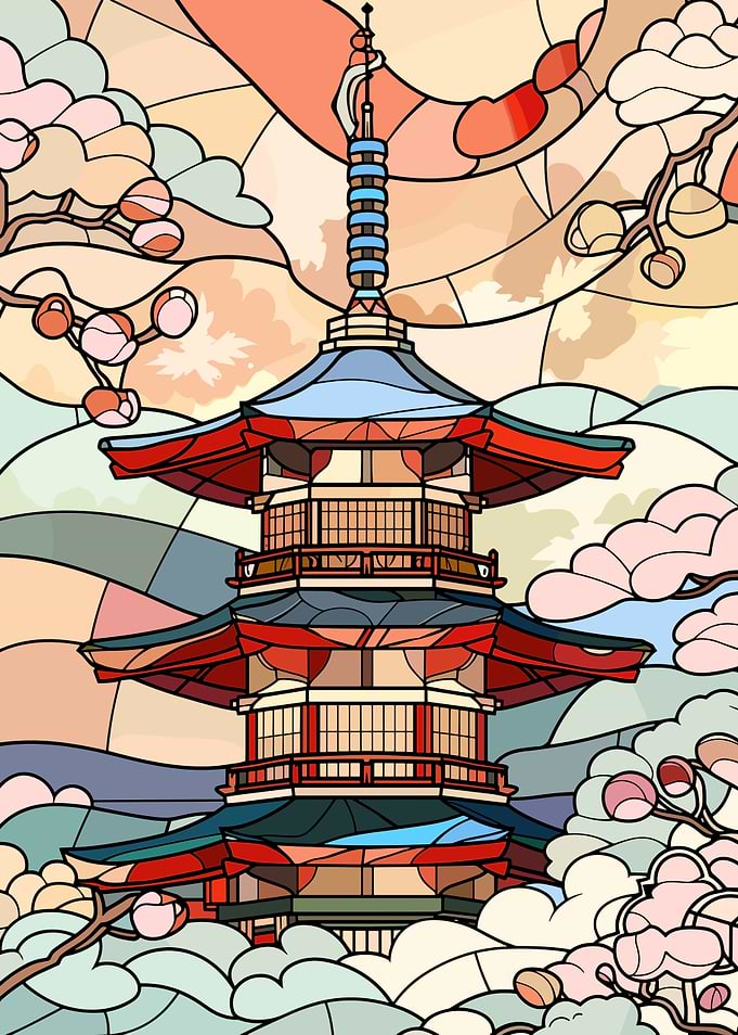 Japanese Pagoda with Cherry Blossoms