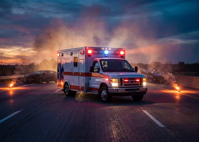 Ambulance at accident scene at dusk