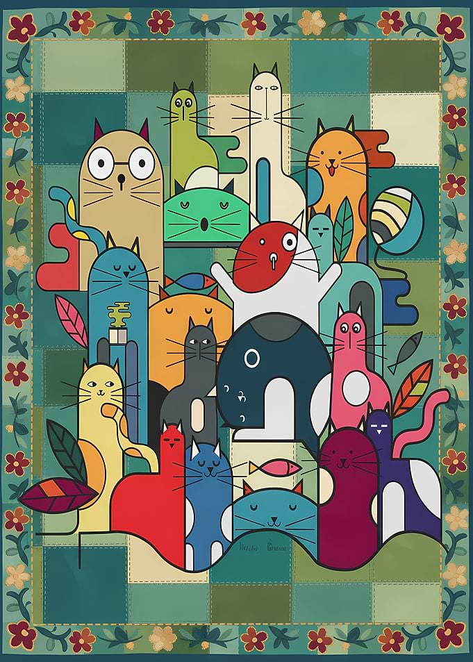 Whimsical Cat Illustration with Floral Border
