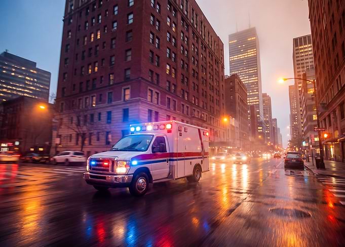 Ambulance speeding through city at night