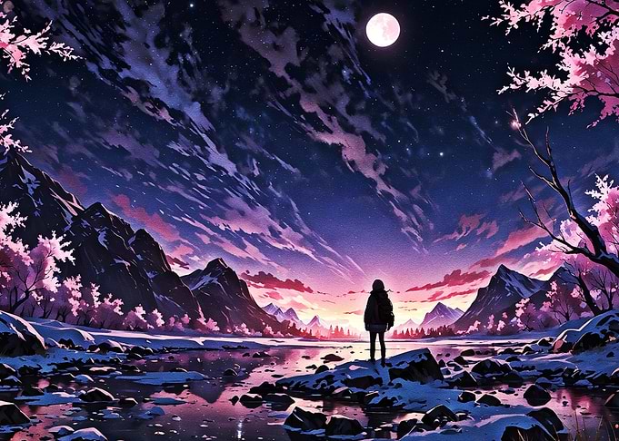 Anime Landscape Under a Full Moon