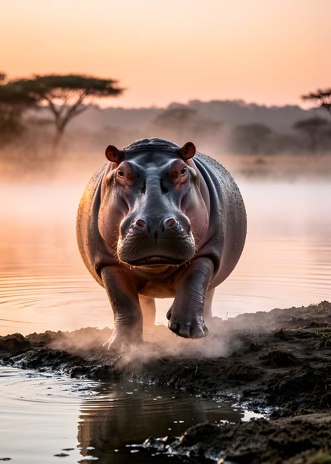 Hippopotamus emerging from misty water at sunrise