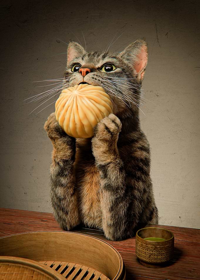 Curious Cat Holding a Steamed Bun