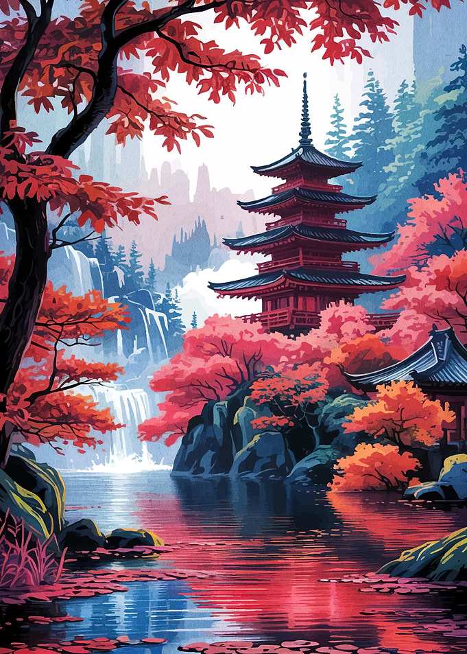 Japanese Pagoda and Waterfall