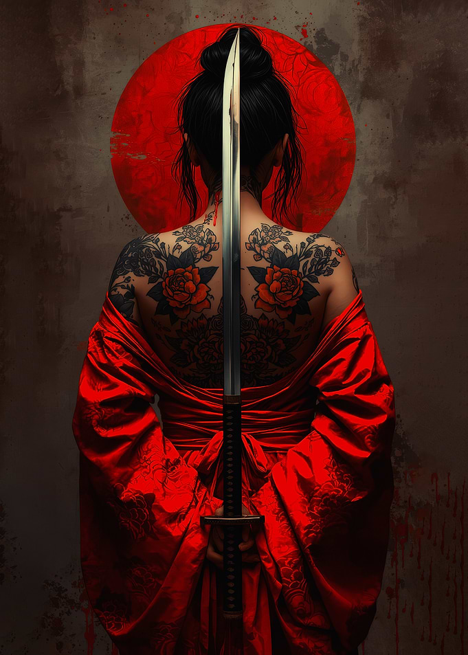 Samurai Woman with Katana and Tattoos