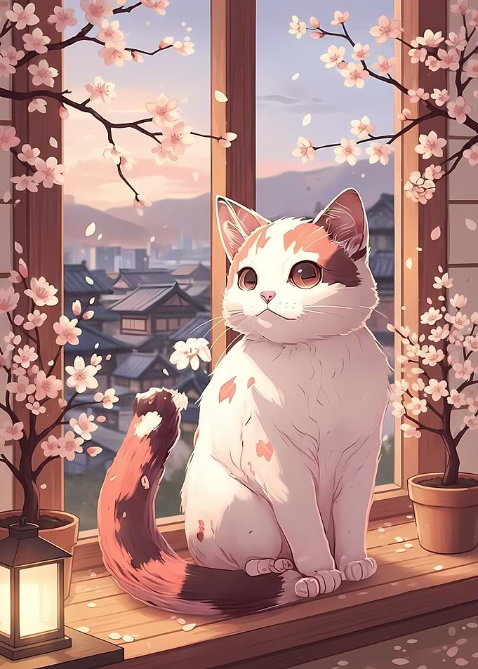 Cat by Cherry Blossoms
