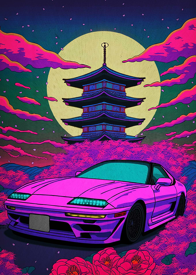 Retro Japanese Car and Pagoda