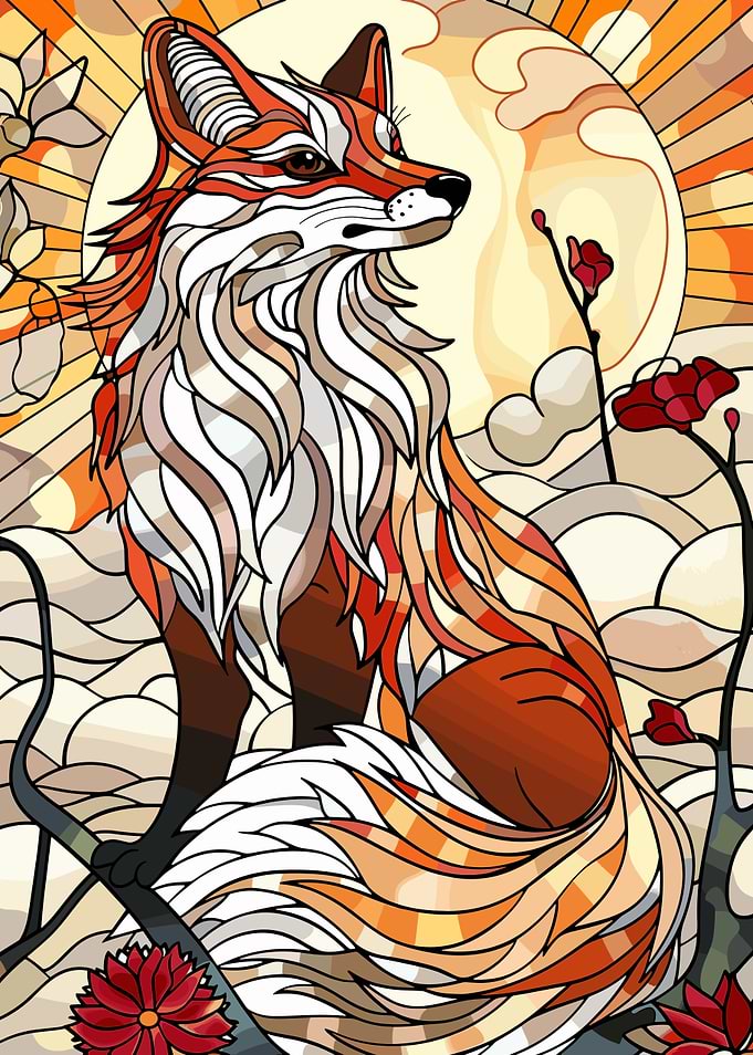 Stained Glass Fox with Moon and Flowers