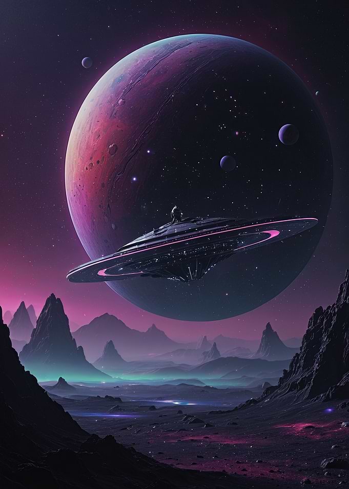 Neon Alien Landscape with Hovering Saucer and Giant Purple Planet - Sci‑Fi Digital Art