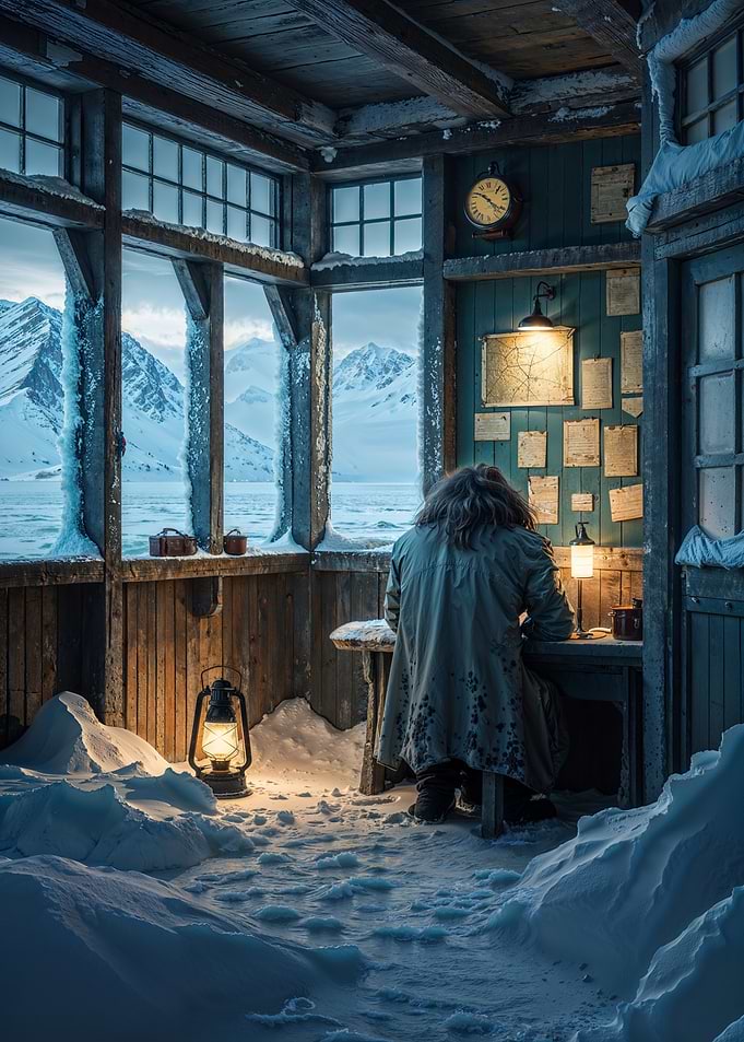 Explorer in a Snowy Cabin