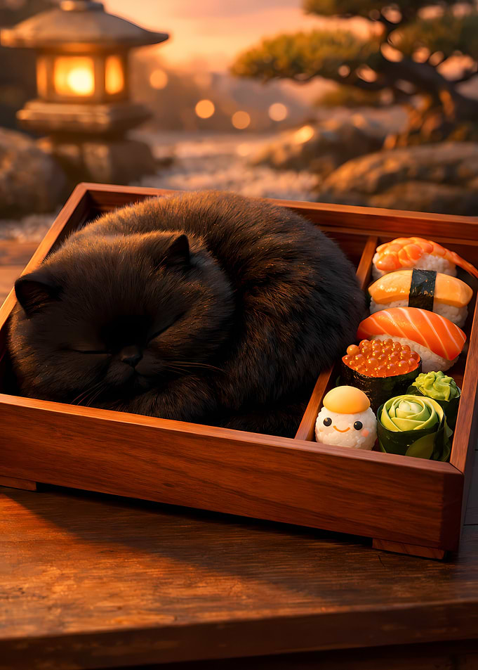 Sleeping Chubby Black Cat in Luxury Sushi Bento Box 3D