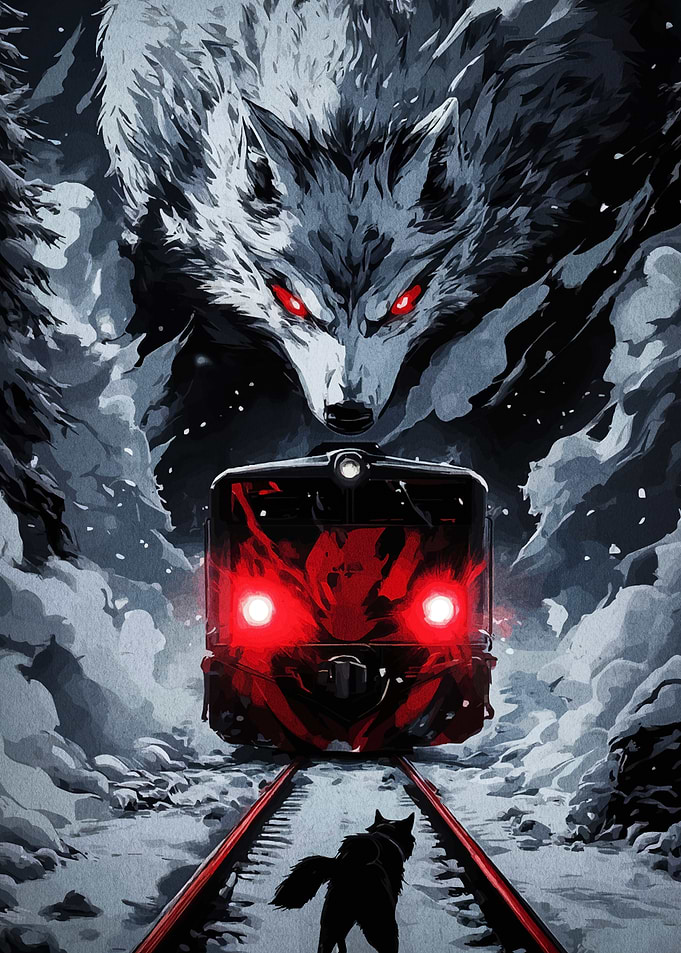 Wolf and Train in Snowy Landscape