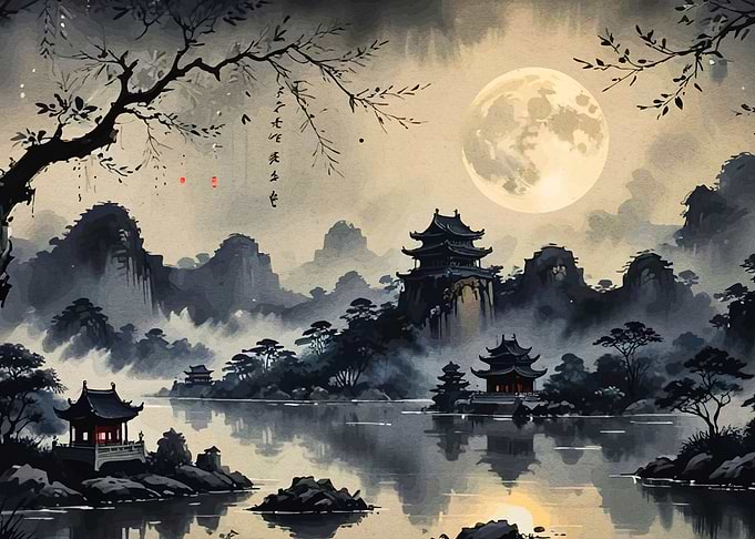 Serene Asian Landscape Under a Full Moon