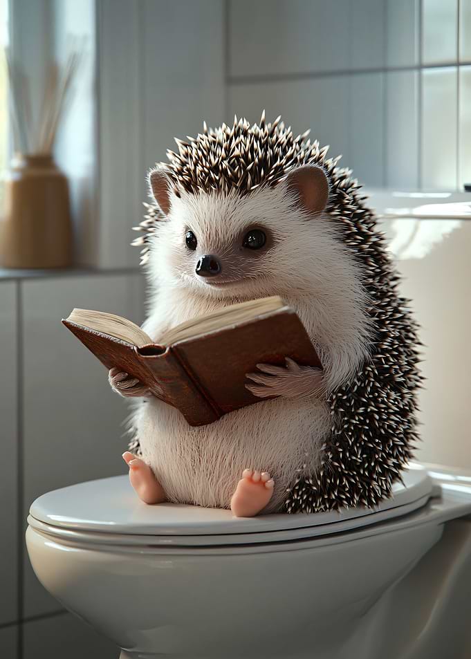 Hedgehog Reading a Book on Toilet
