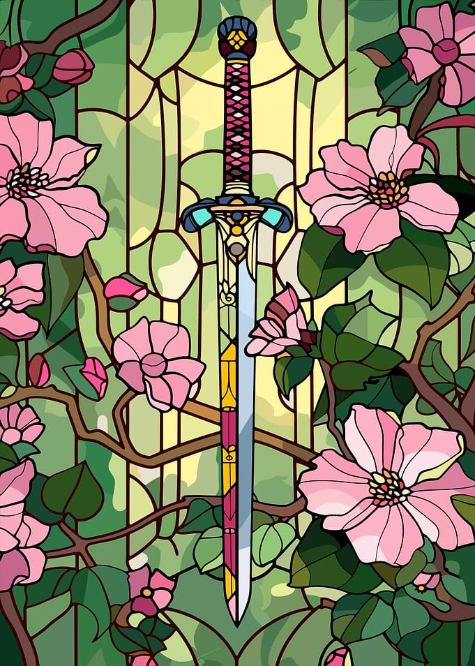 Stained Glass Sword and Flowers