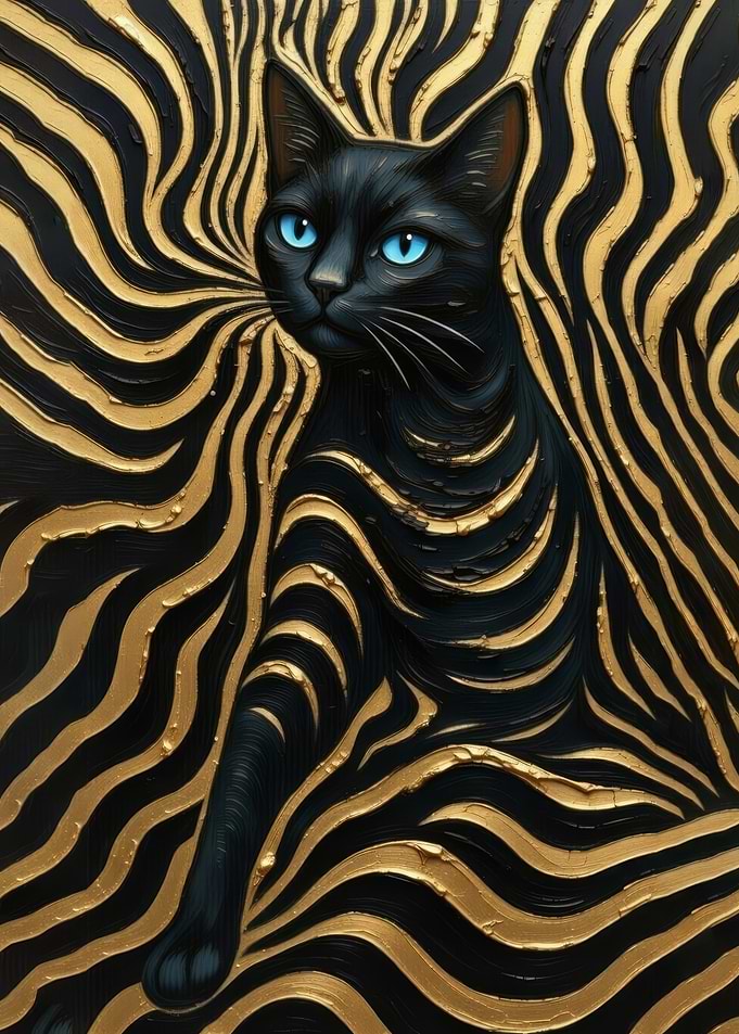 Black Cat with Blue Eyes on Gold Stripes