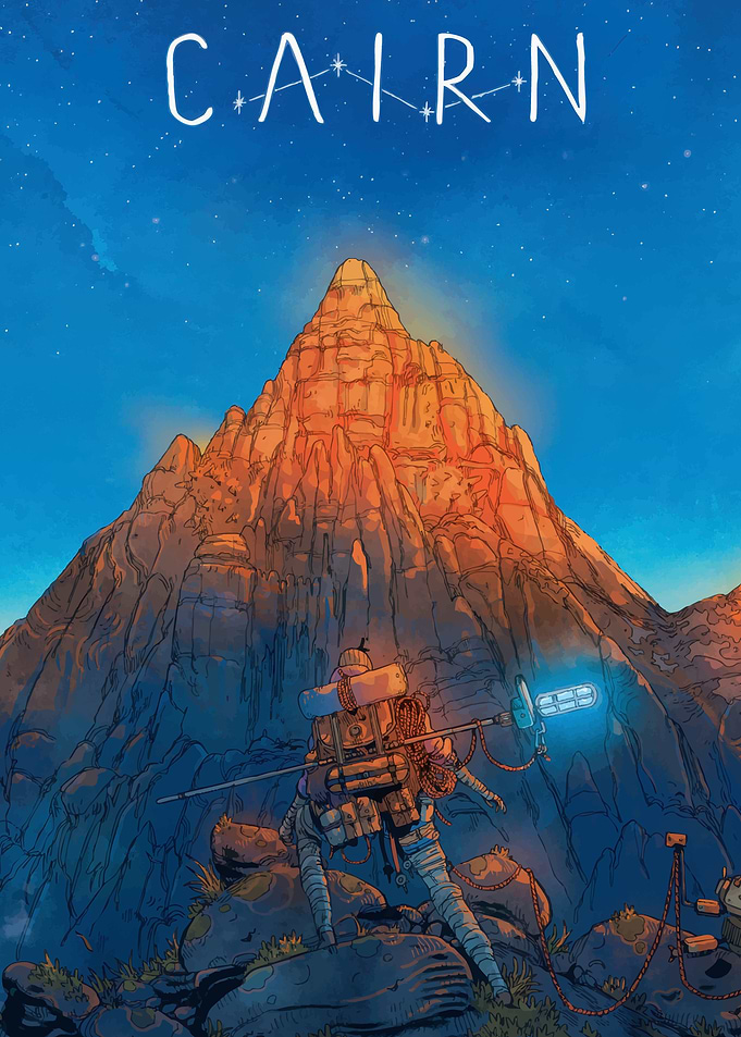 Astronaut on a mountain under starry sky