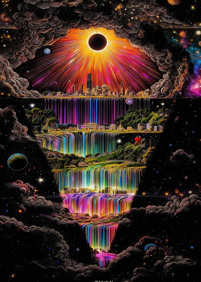 Cosmic Cityscape with Rainbow Waterfalls
