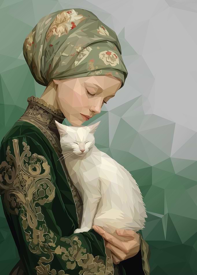 Woman in Turban Holding White Cat