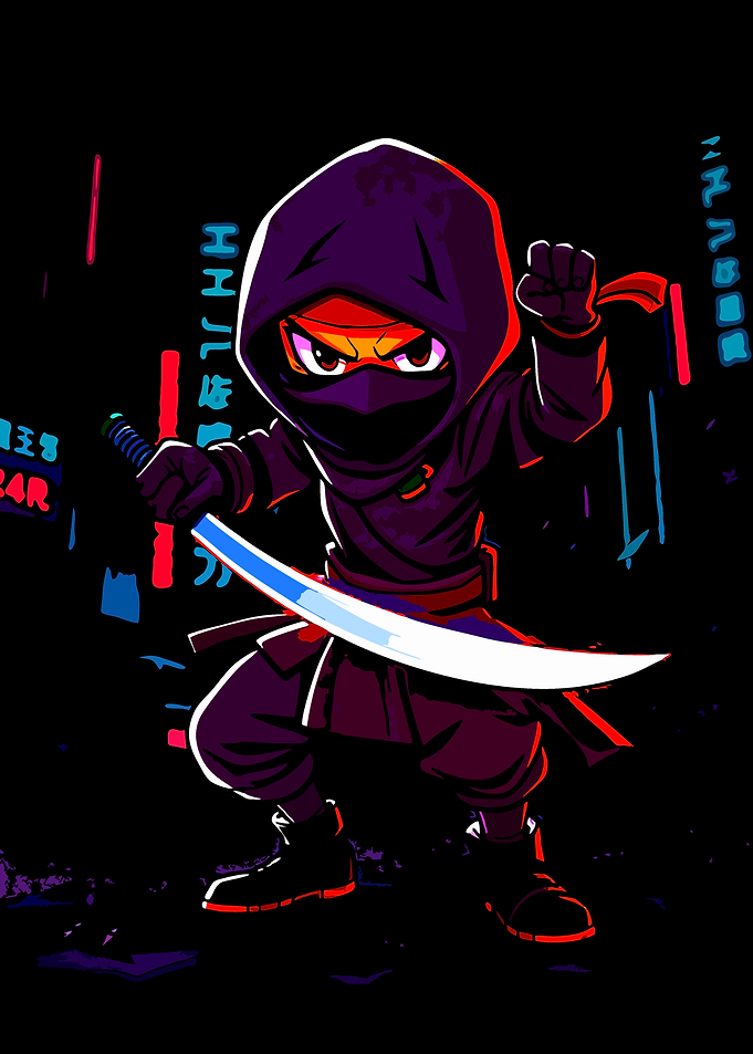 Chibi Ninja with Katana in Neon City