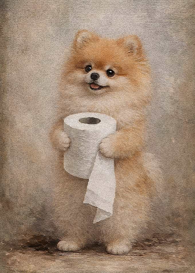 Pomeranian Dog Holding Toilet Paper